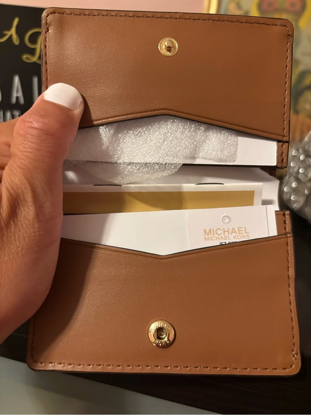 Michael Kors Tan Leather Snap Card Holder with Gold Hardware